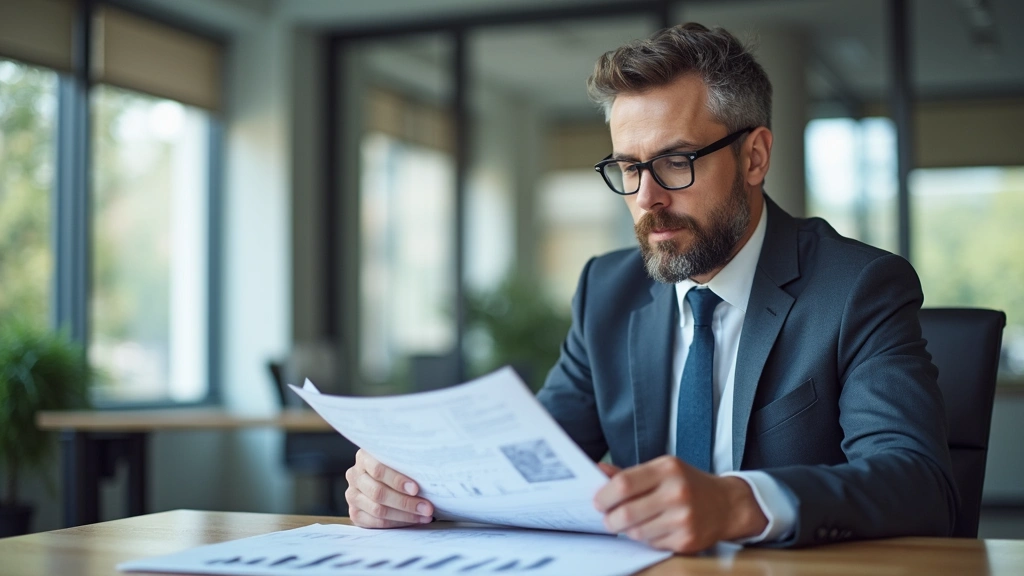 Franchise owner reviewing business documents and financial reports at desk in professional office environment