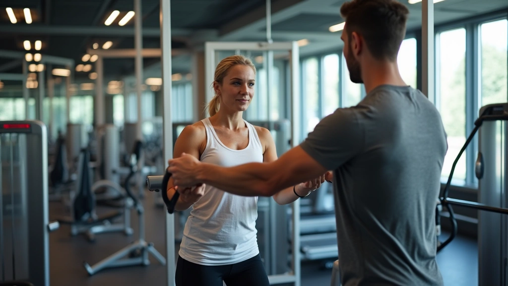 Health club member using equipment with trainer observing form, professional gym facility with modern machines