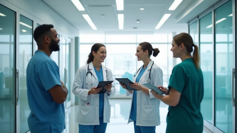 Professional healthcare team in modern hospital setting, diverse medical professionals in scrubs and white coats collaborating in bright clinical environment