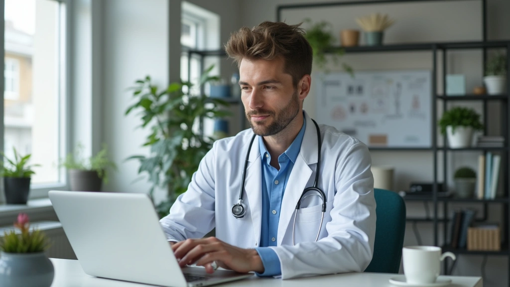 Medical professional conducting telehealth consultation via laptop in home office, professional healthcare setting with medic