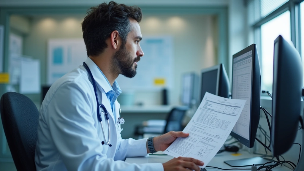 Healthcare administrator reviewing patient data on computer workstation in hospital office, organized medical records and cha