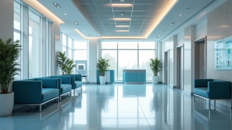 Modern healthcare facility interior with integrated patient waiting area, digital check-in kiosks, and multiple specialist office doors visible, professional medical environment with natural lighting