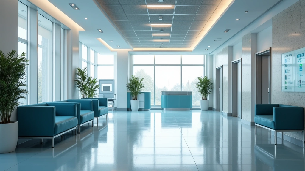 Modern healthcare facility interior with integrated patient waiting area, digital check-in kiosks, and multiple specialist office doors visible, professional medical environment with natural lighting