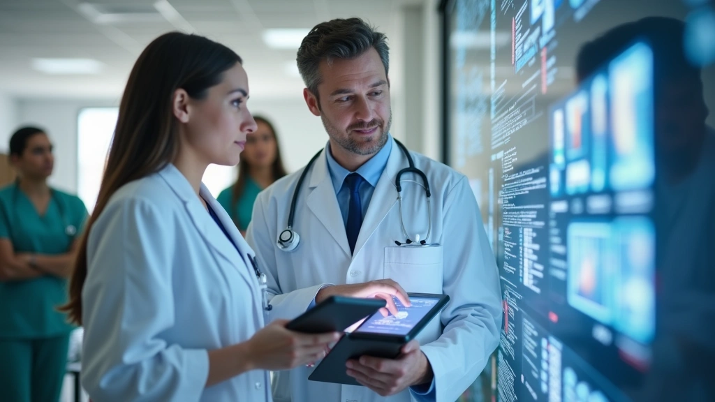 Healthcare provider using tablet reviewing patient electronic health records in clinical setting, collaborative care team vis