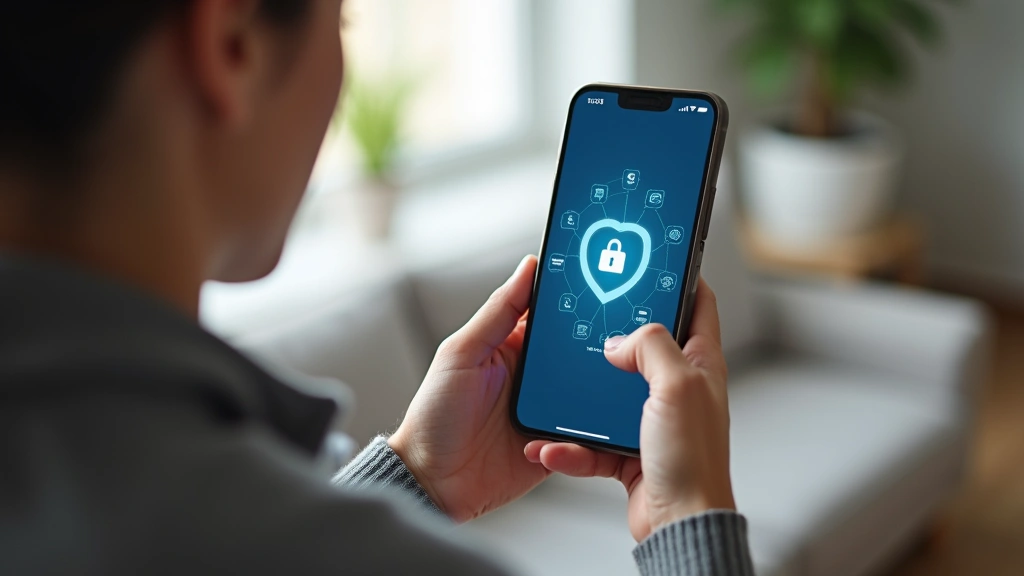 Diverse patient using smartphone accessing health hub patient portal at home, secure digital interface visible on screen, com