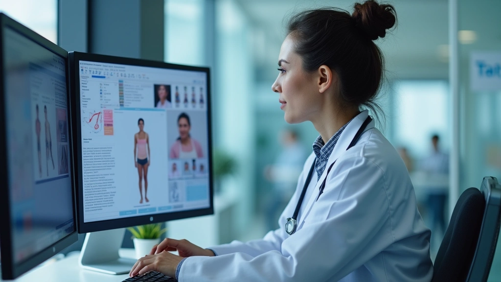 Healthcare professional reviewing patient medical records on computer screen in modern hospital office, professional setting with medical charts visible