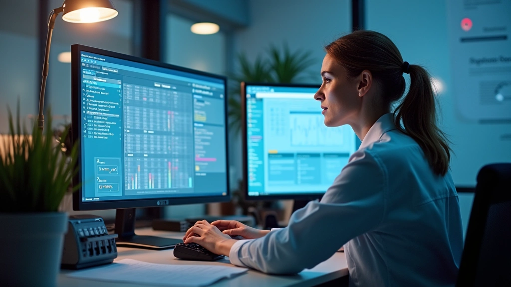 Health information manager working at desk with multiple monitors displaying electronic health records data, organized health