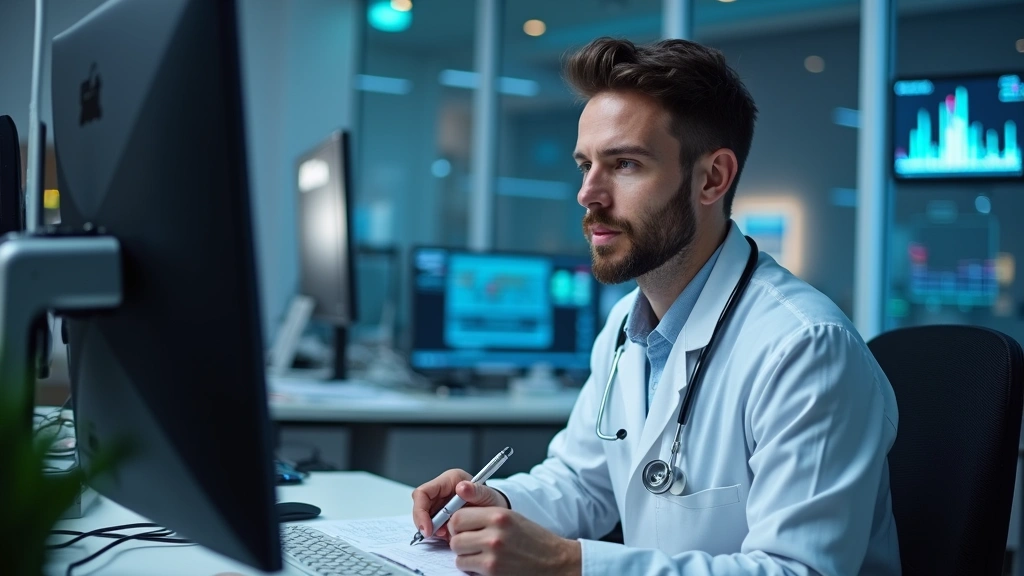 Medical coding specialist reviewing patient documentation at workstation, professional healthcare IT environment with secure 