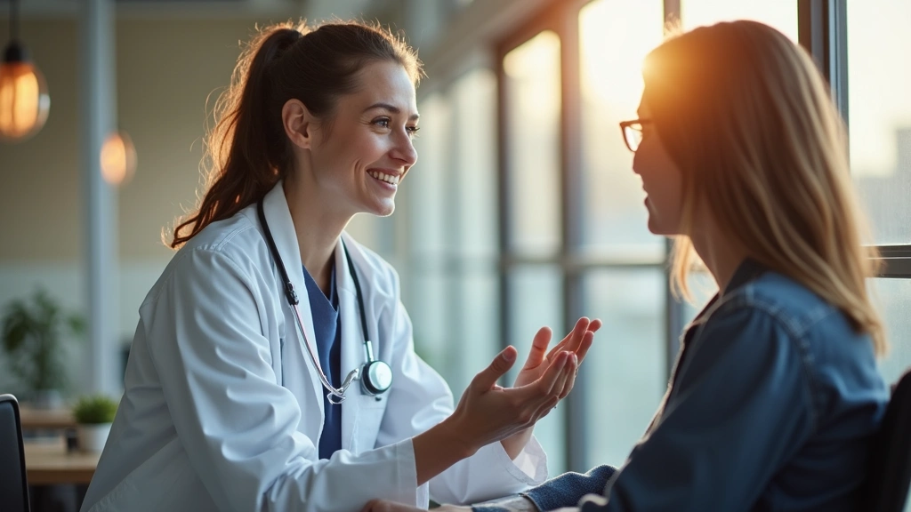 Professional female doctor in white coat consulting with patient in modern community health center clinic, warm lighting, diverse healthcare setting, no text visible