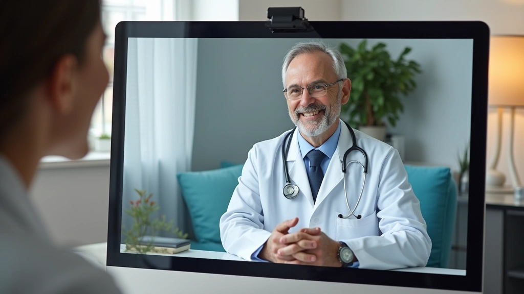 Telehealth consultation on computer screen showing doctor and patient in virtual appointment, home office setting, profession
