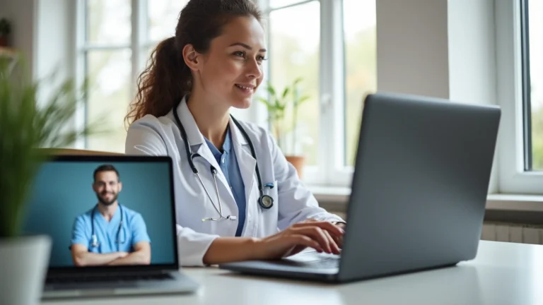 Professional physical therapist conducting remote video consultation with patient on laptop, modern home office setting, healthcare technology focus, natural lighting