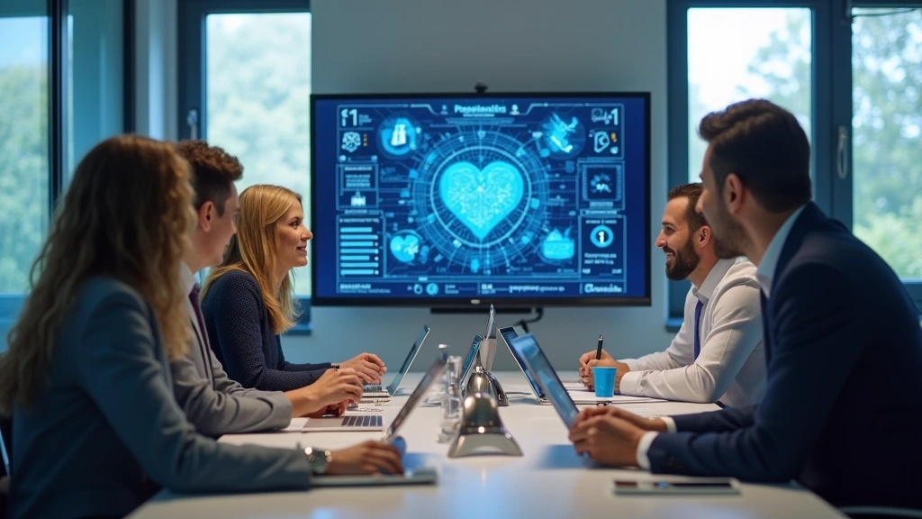 Diverse healthcare and engineering team collaborating in modern office conference room, reviewing digital health platform on
