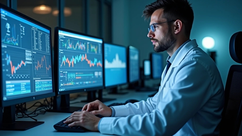 Data scientist analyzing patient health metrics on multiple computer monitors in healthcare tech office, focused work environ