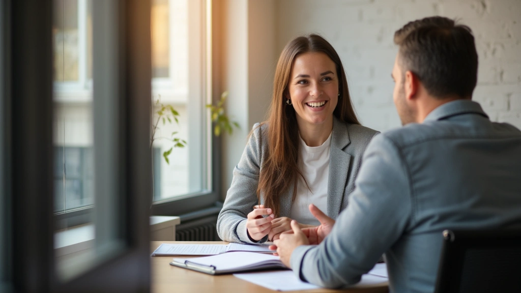 Professional female therapist in modern office conducting mental health evaluation session with patient, warm lighting, desk