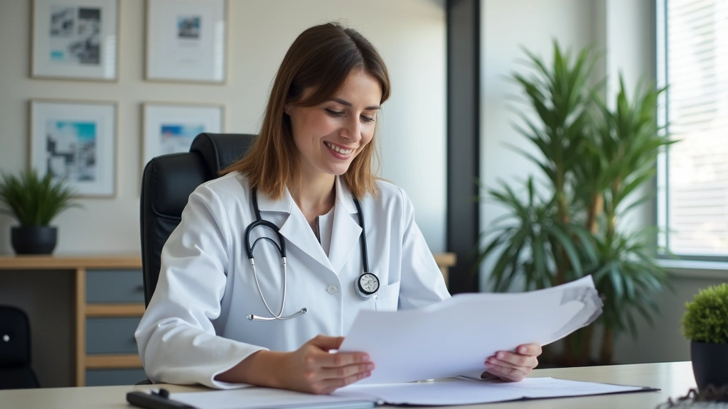 Licensed psychologist reviewing patient file at desk with computer, professional office environment, medical credentials on w