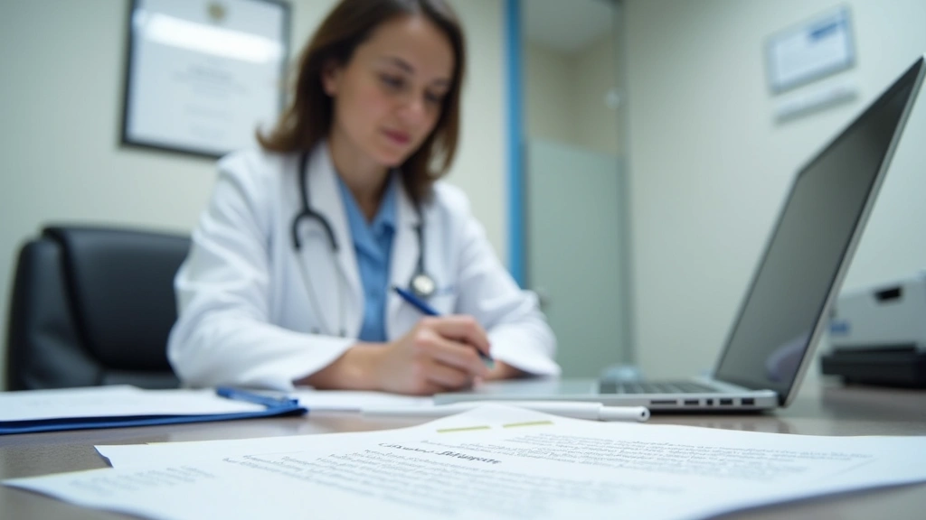 Mental health professional writing documentation at desk in clinical office, official letterhead visible, state license certi