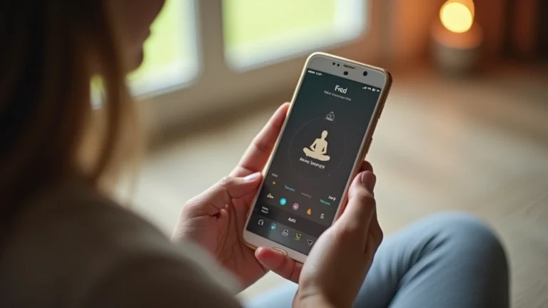 Person using smartphone with calm meditation app interface, serene indoor setting, natural lighting, peaceful expression, digital wellness concept