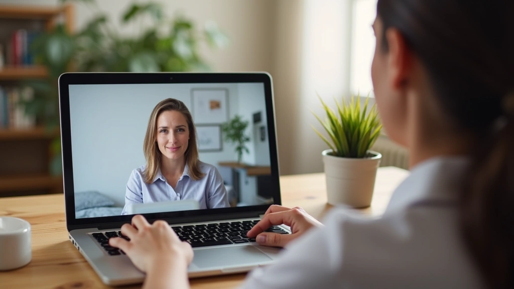 Therapist conducting video consultation on laptop with patient visible on screen, professional home office, HIPAA-compliant e