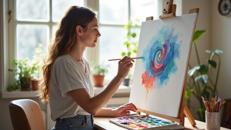 Adult creating abstract watercolor painting in bright studio setting, focused expression, colorful palette visible, natural light streaming through windows, peaceful creative atmosphere