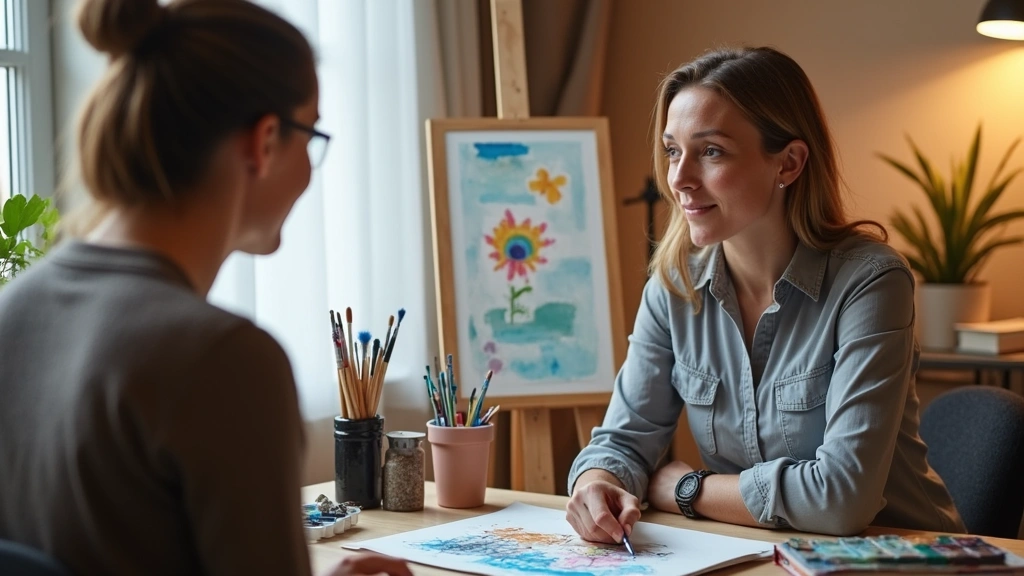 Licensed art therapist in professional office observing clients mixed media artwork on easel, supportive clinical environment
