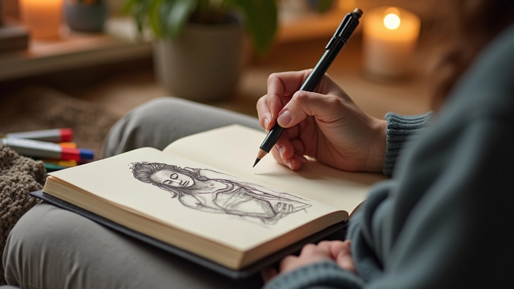Person sketching in therapeutic journal at home, relaxed posture, warm cozy lighting, pencils and colored markers nearby, min