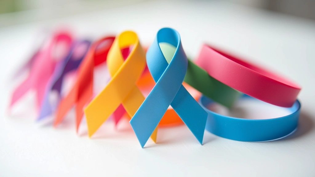Close-up of colorful mental health awareness ribbons and wristbands displayed together on a white surface, professional photography, natural lighting