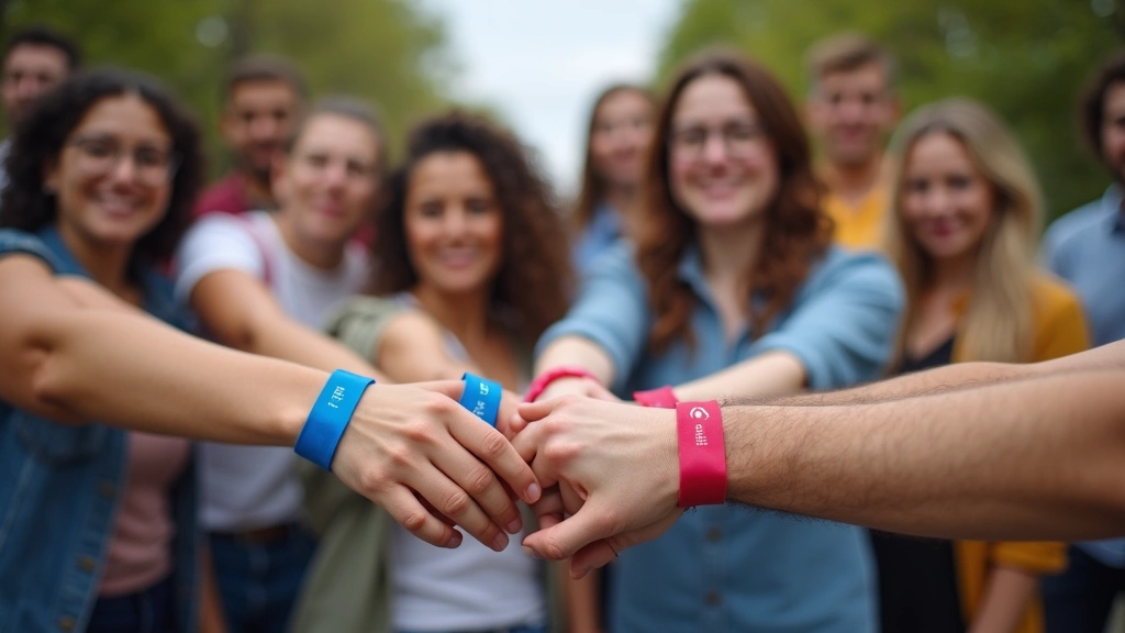 Diverse group of people wearing colored mental health awareness wristbands during a community awareness event, outdoor settin