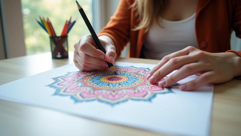 Adult hands coloring intricate mandala pattern with colored pencils on white paper, calm focused expression, natural window lighting, minimalist desk setup