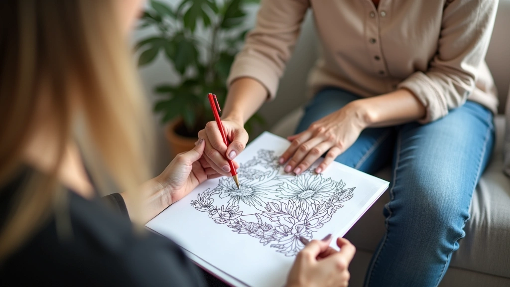 Therapists office session showing client coloring therapeutic page with nature imagery while therapist takes notes nearby, wa