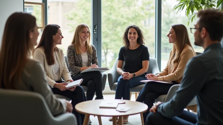 Professional diverse group of mental health therapists and peer counselors in modern clinic meeting room, collaborative atmosphere, natural lighting, warm welcoming environment
