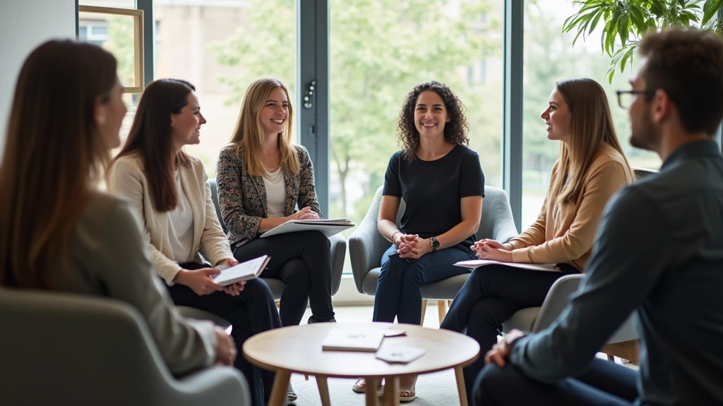 Professional diverse group of mental health therapists and peer counselors in modern clinic meeting room, collaborative atmos