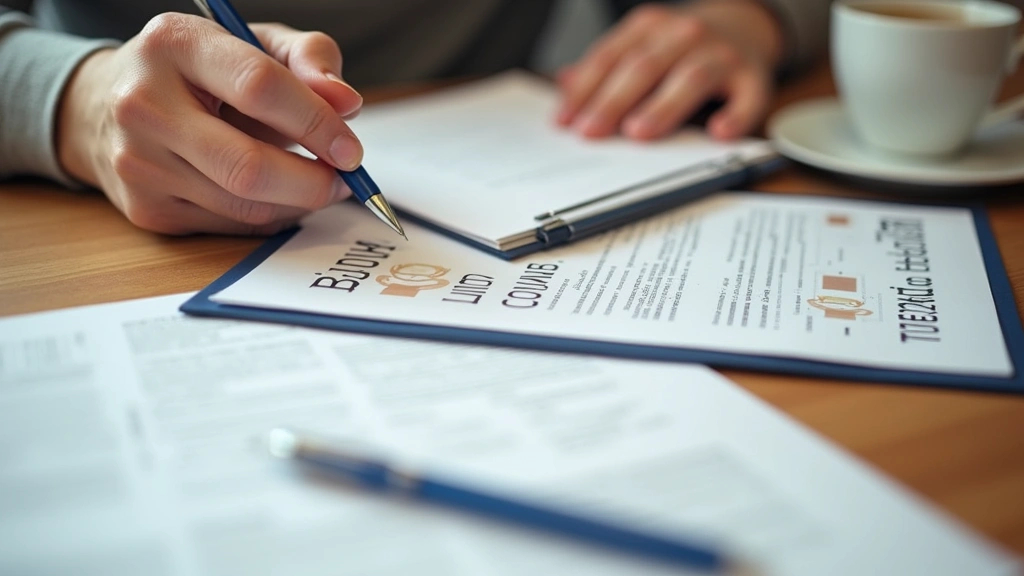 Close-up of hands writing on mental health cooperative membership form at wooden desk with coffee cup, documents, and pen vis