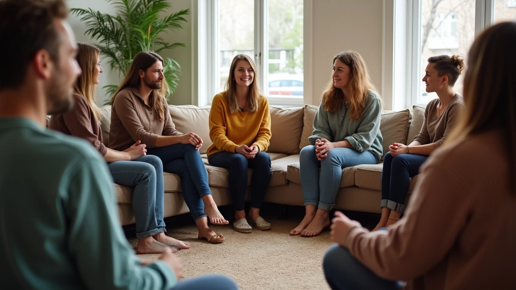 Diverse group of people sitting in supportive circle during peer support group session in comfortable community mental health