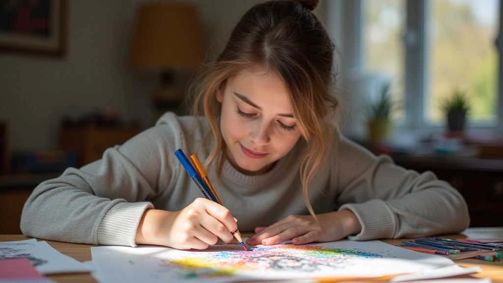 Person sitting at table with colored pencils and paper, creating abstract emotional artwork in bright studio lighting, peacef