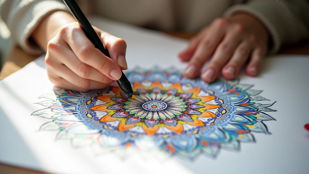 Close-up of hands drawing mandala patterns with colored markers on white paper, therapeutic art session in natural daylight