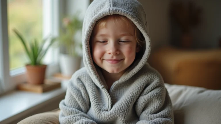 Person wearing a weighted sensory hoodie in a calm home environment, close-up of the textured fabric and calming design, peaceful expression, natural lighting, relaxed posture on comfortable seating