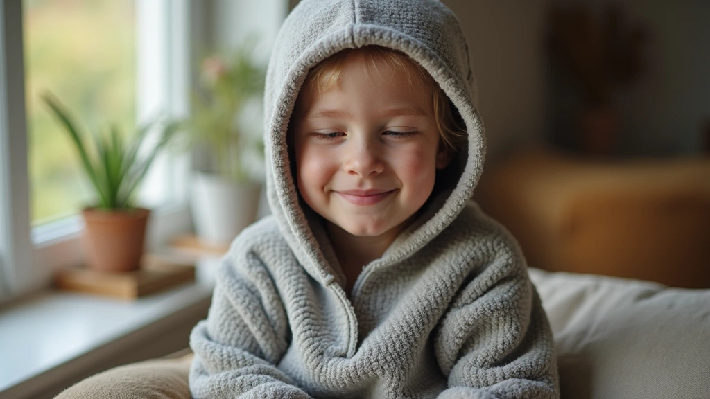 Person wearing a weighted sensory hoodie in a calm home environment, close-up of the textured fabric and calming design, peaceful expression, natural lighting, relaxed posture on comfortable seating