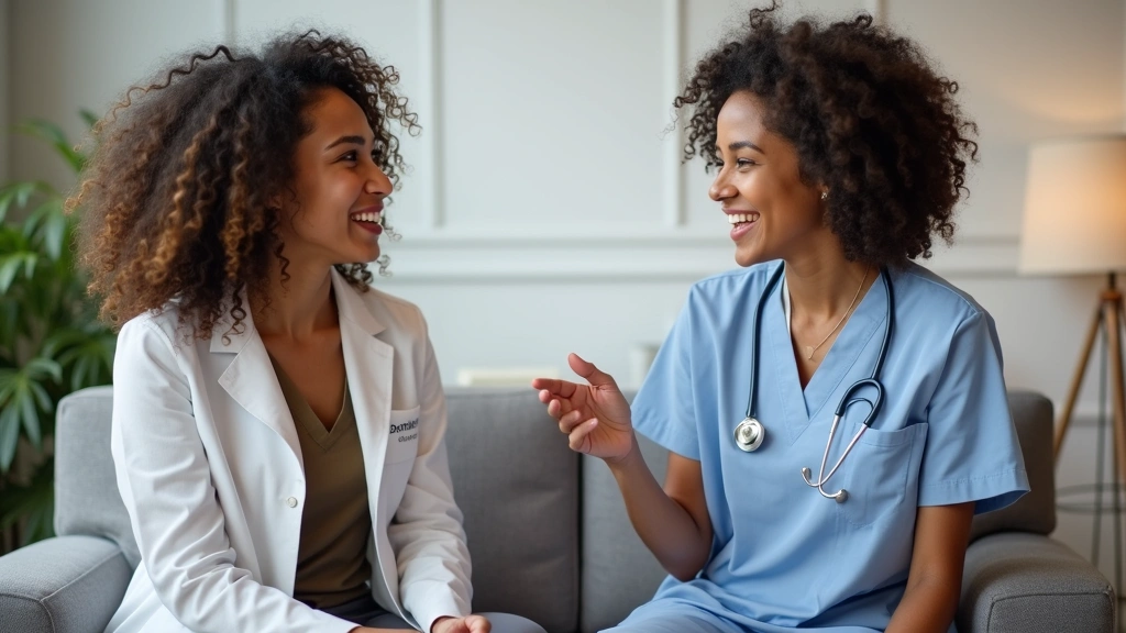 Healthcare professional discussing mental health wellness tools with patient in modern clinical office, showing therapeutic c