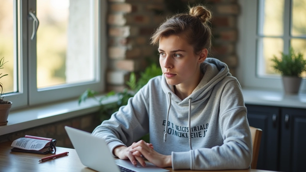Young adult wearing mental health awareness hoodie during daily activities, sitting at desk working, natural candid moment, f