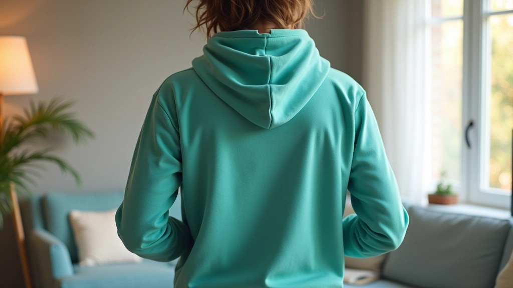 Person wearing teal mental health awareness hoodie in bright, modern living room, showing hoodie design detail, confident natural lighting, photorealistic