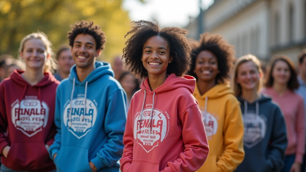 Group of diverse young adults wearing various mental health advocacy hoodies at outdoor community event, natural daylight, ge