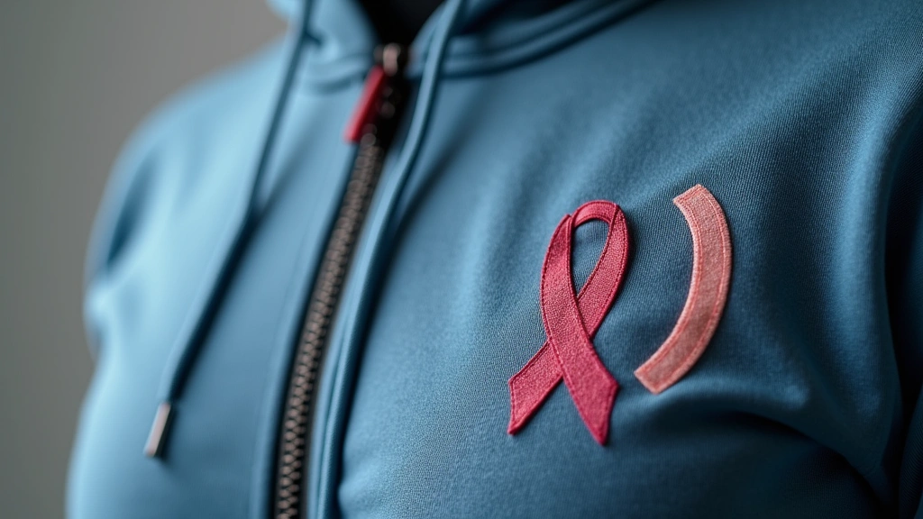 Close-up of mental health hoodie fabric showing semicolon and awareness ribbon design details, professional product photograp