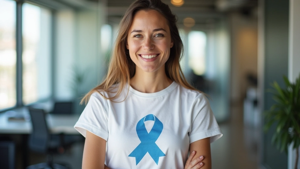 Professional woman wearing mental health awareness t-shirt in modern office setting, confident pose, natural lighting, workpl