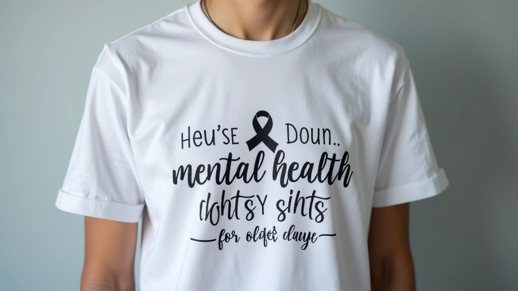 Close-up detail of quality mental health shirt design featuring awareness ribbon and motivational text, professional photogra