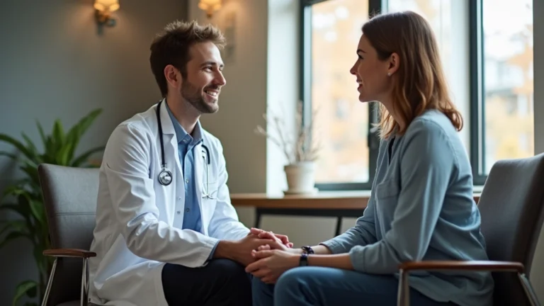 Professional psychiatrist in white coat consulting with patient in modern medical office, both seated, warm lighting, therapeutic environment, no text visible