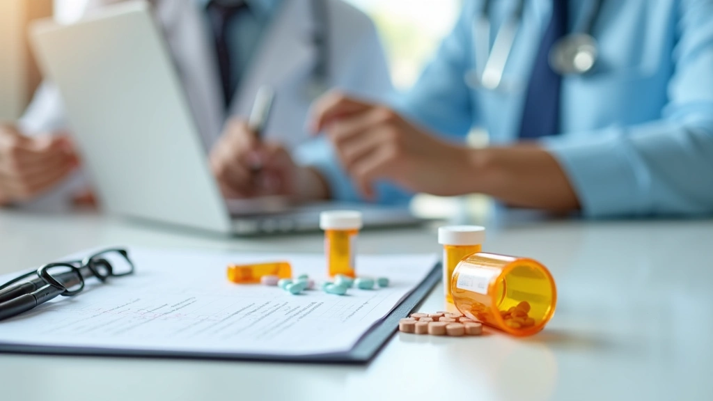 Close-up of medication bottles and pills on doctors desk with prescription pad, clinical setting, professional medical worksp