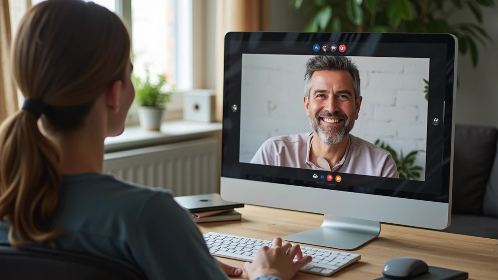 Telehealth session showing patient on video call with psychiatrist on computer screen, home office setting, laptop and comfor