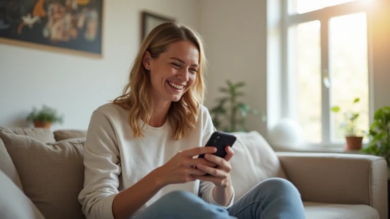 Person laughing while scrolling through phone in bright modern living room, natural daylight streaming through windows, relaxed posture, warm neutral tones