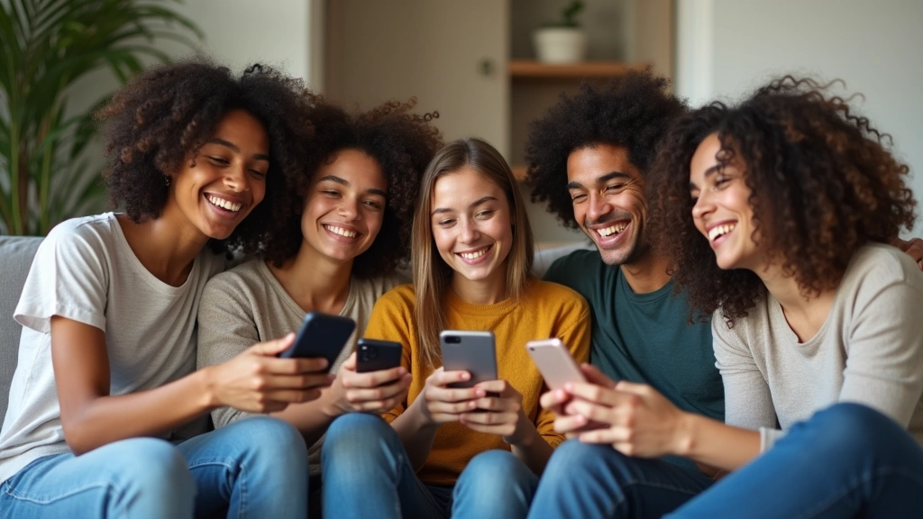 Diverse group of young adults sitting together in casual setting, all smiling and looking at phones, comfortable home environ