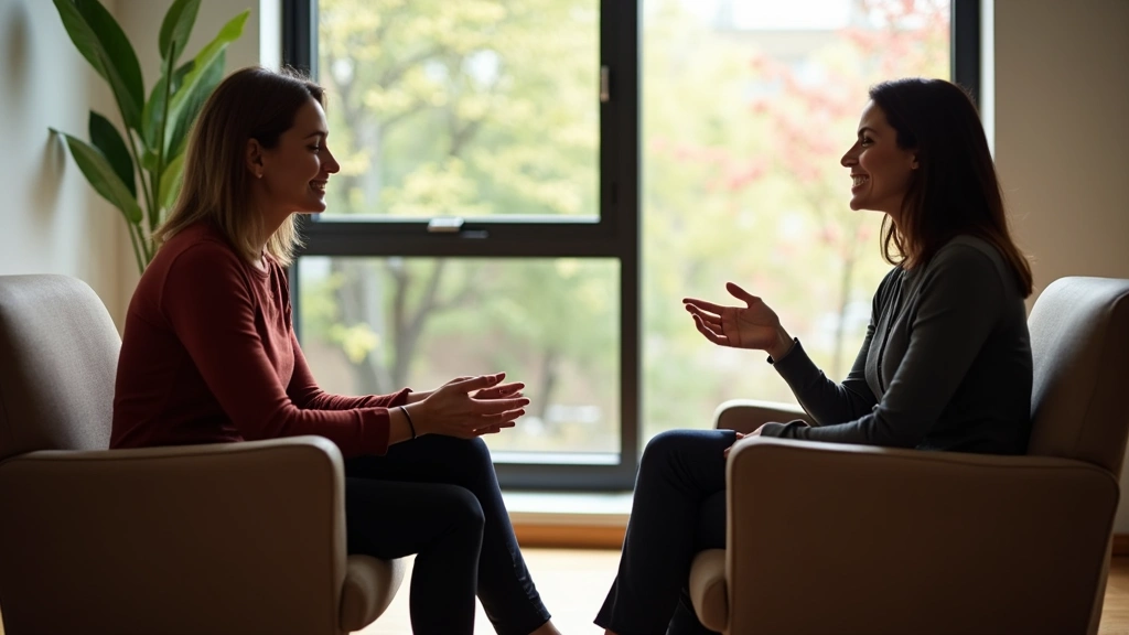 Individual in therapy session with counselor, warm professional office setting, comfortable seating, supportive environment, 